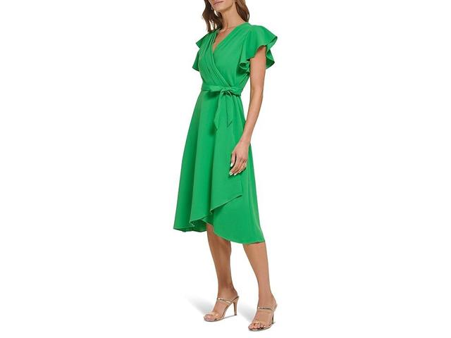 DKNY Flutter Sleeve Faux Wrap Scuba Crepe Dress (Apple Green) Women's Clothing Product Image