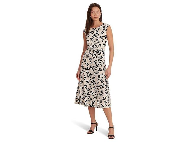 LAUREN Ralph Lauren Floral Belted Bubble Crepe Dress (Cream/Black) Women's Dress Product Image