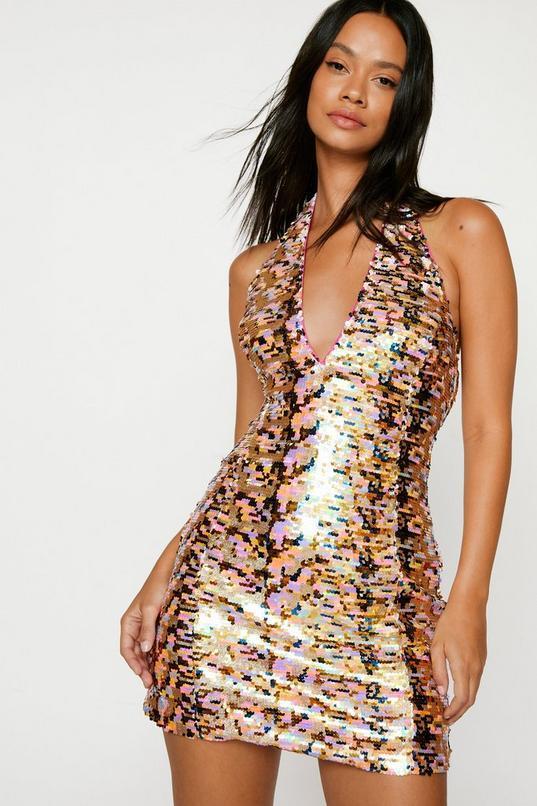 Glitter Sequin Plunge Neck Halter Dress Product Image