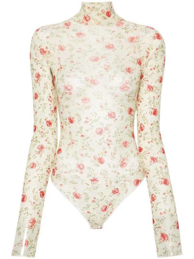 Floral Mesh Bodysuit In Red Product Image