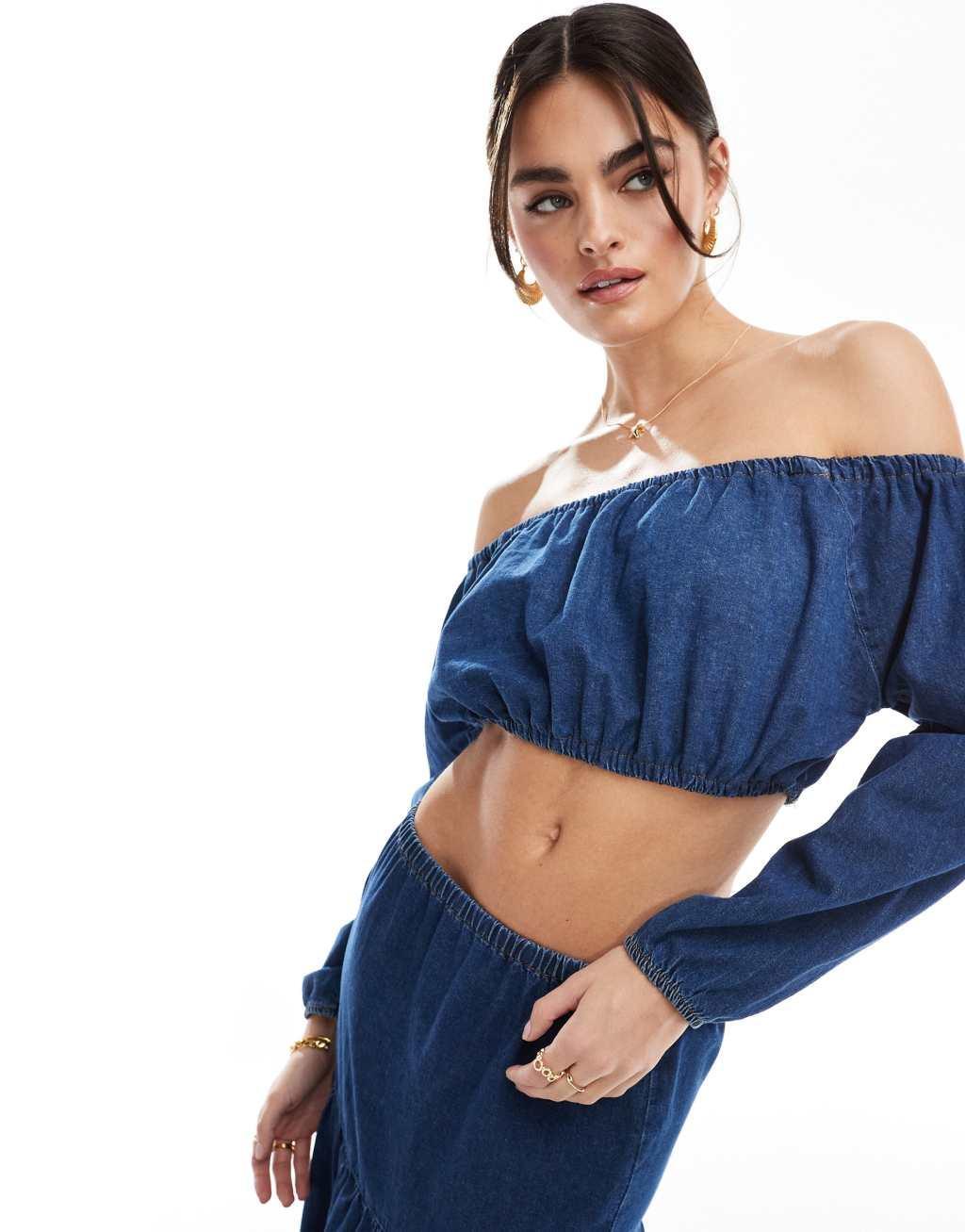 ASOS DESIGN denim prairie cropped top in blue Product Image