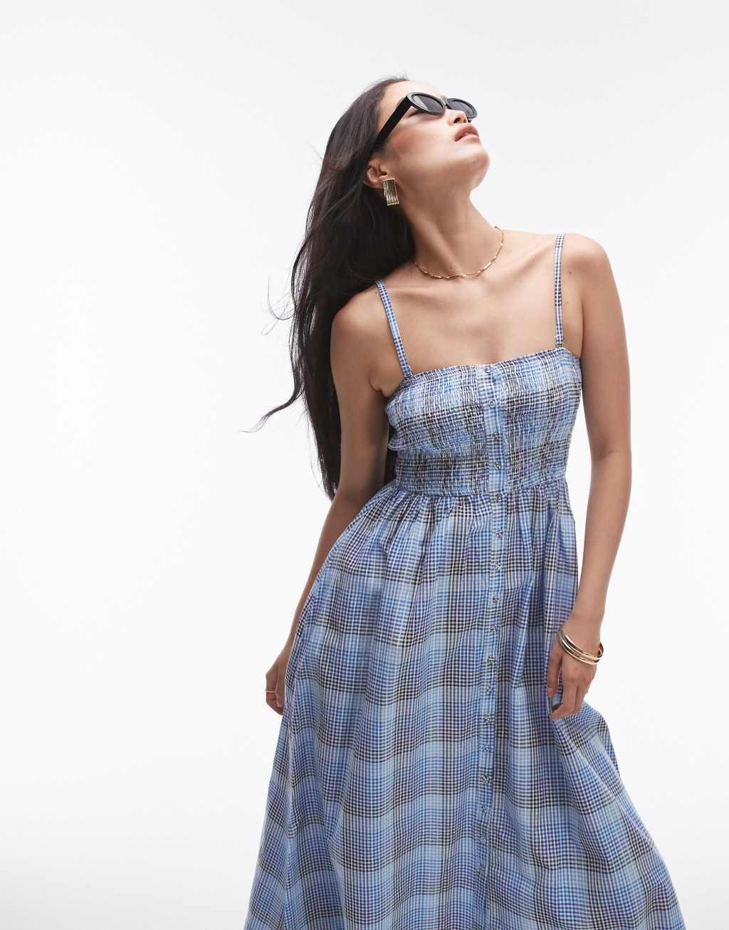 Topshop seersucker check shirred midi dress in blue check Product Image