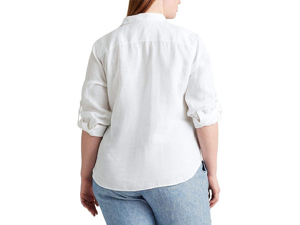 Lauren Ralph Lauren Plus Size Point Collar Long Roll-Tab Sleeve Button Front Linen Shirt Product Image