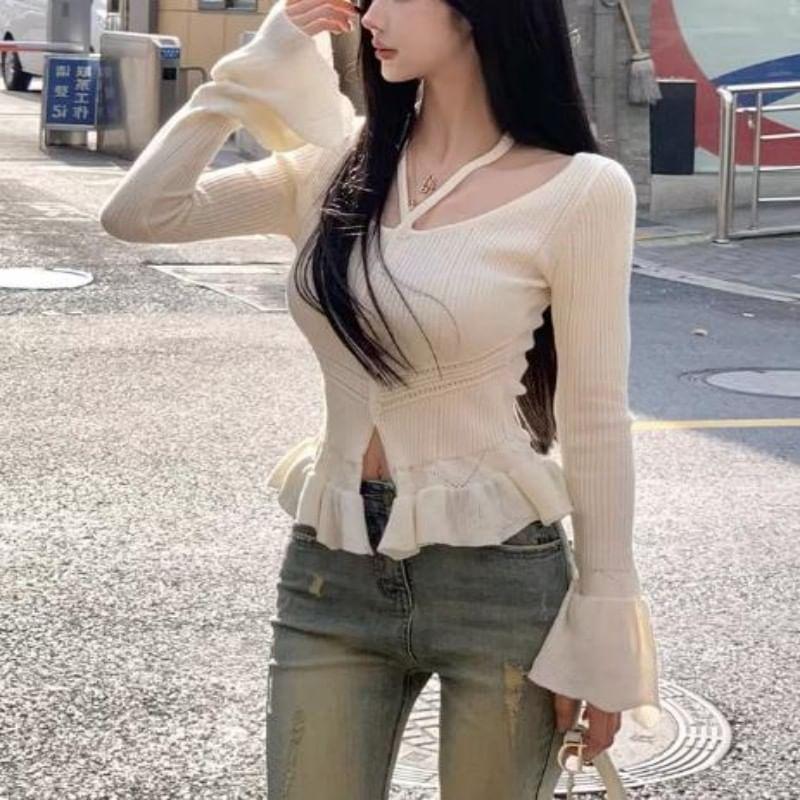 Long Sleeve Halter Plain Ruffle Button Ribbed Knit Top Product Image