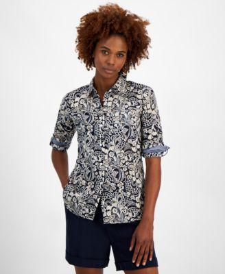 Tommy Hilfiger Womens Cotton Paisley Roll-Tab Shirt - Sky Cap Product Image