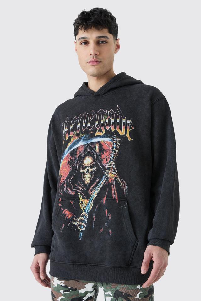 Oversized Skull Graphic Acid Wash Hoodie | boohooMAN USA Product Image