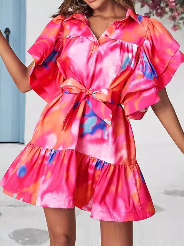 Loose Ruffle Sleeves Buttoned Leaves Print Split-Joint Tied Waist Tie-Dyed Lapel Mini Dresses Product Image