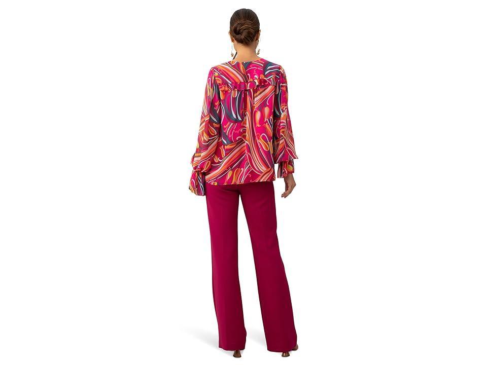 Trina Turk Broome Woven Broadway Blossom Floral Print V-Neck Long Ruffled Sleeve Blouse Product Image