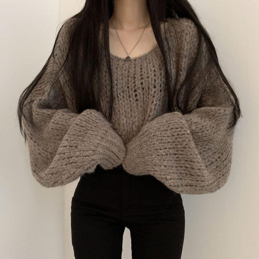 Puff-Sleeve Plain Chunky Knit Sweater Product Image