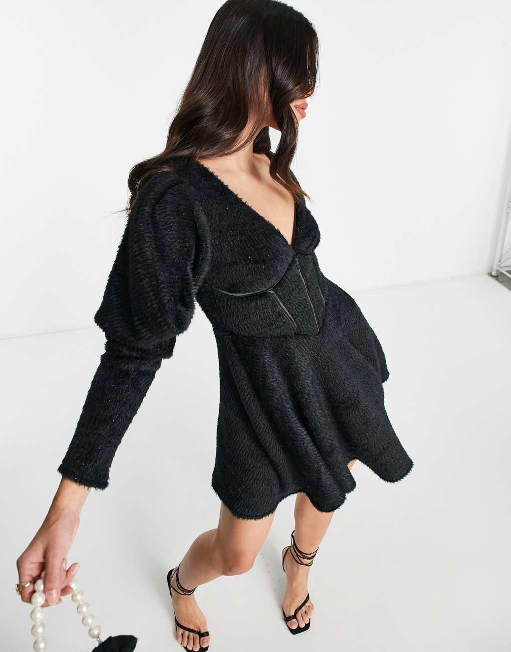 ASOS LUXE fluffy knitted corsetted dress with flippy skirt in black Product Image