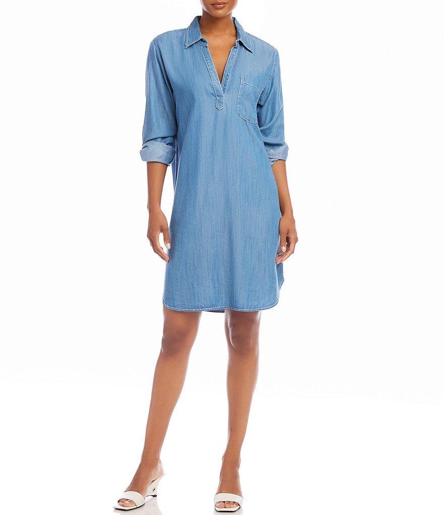 Karen Kane Chambray Collared V-Neck Long Roll Tab Sleeve Shirtdress product image