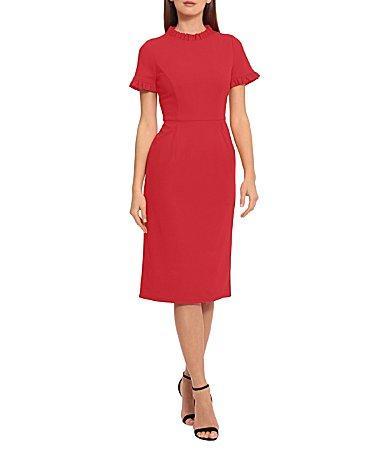 Maggy London Ruffle Mock Neck Short Sleeve Stretch Crepe Midi Pencil Sheath Dress Product Image