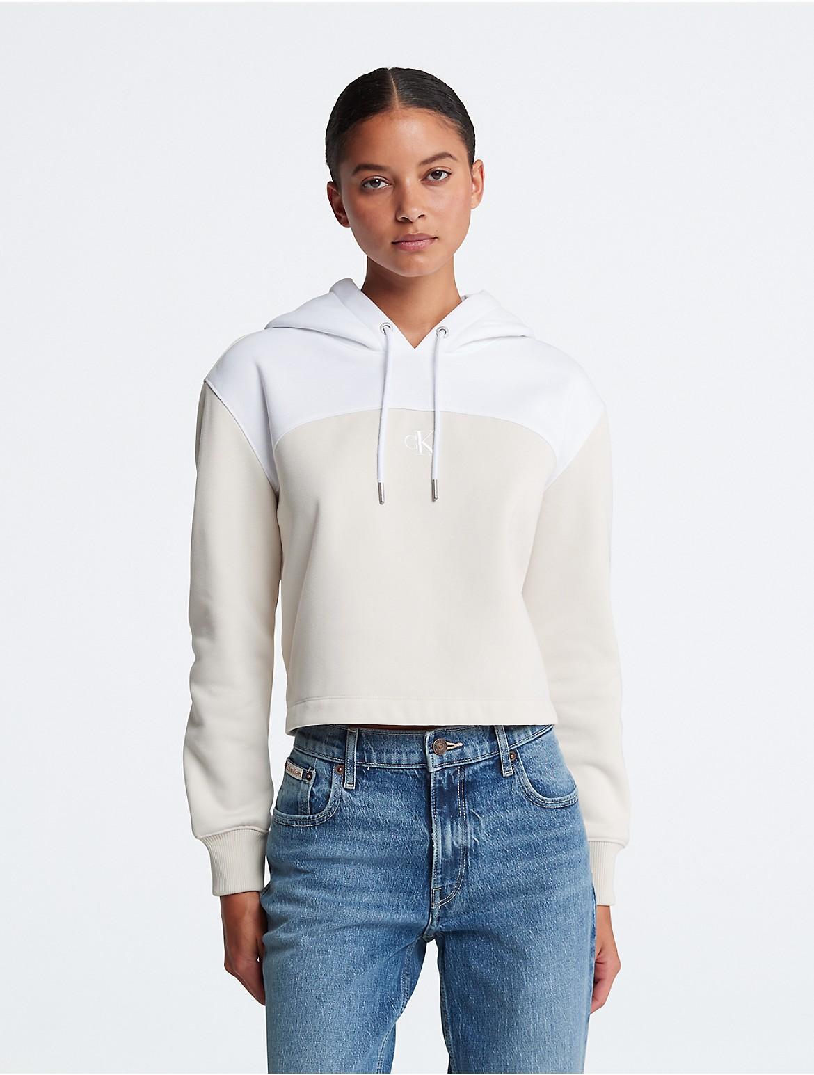 Calvin Klein Womens Color Block Monogram Logo Hoodie - White - XL Product Image