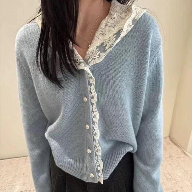 Lace Panel Hooded Button-Up Crop Cardigan Product Image