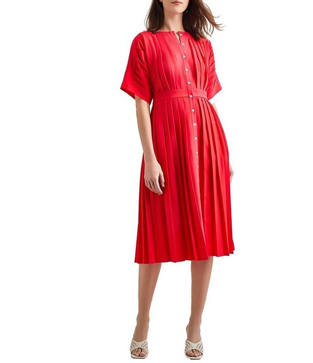 MISOOK Pleated Woven Round Neck Short Dolman Sleeve Midi Shirt Dress Product Image