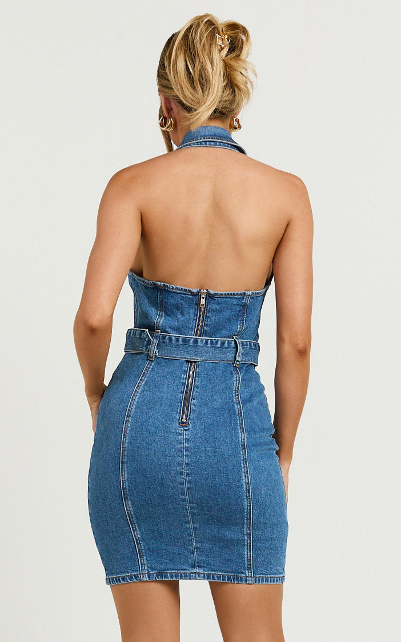 Remi Mini Dress - Halter Belt Denim Dress in Dark Blue Wash Product Image