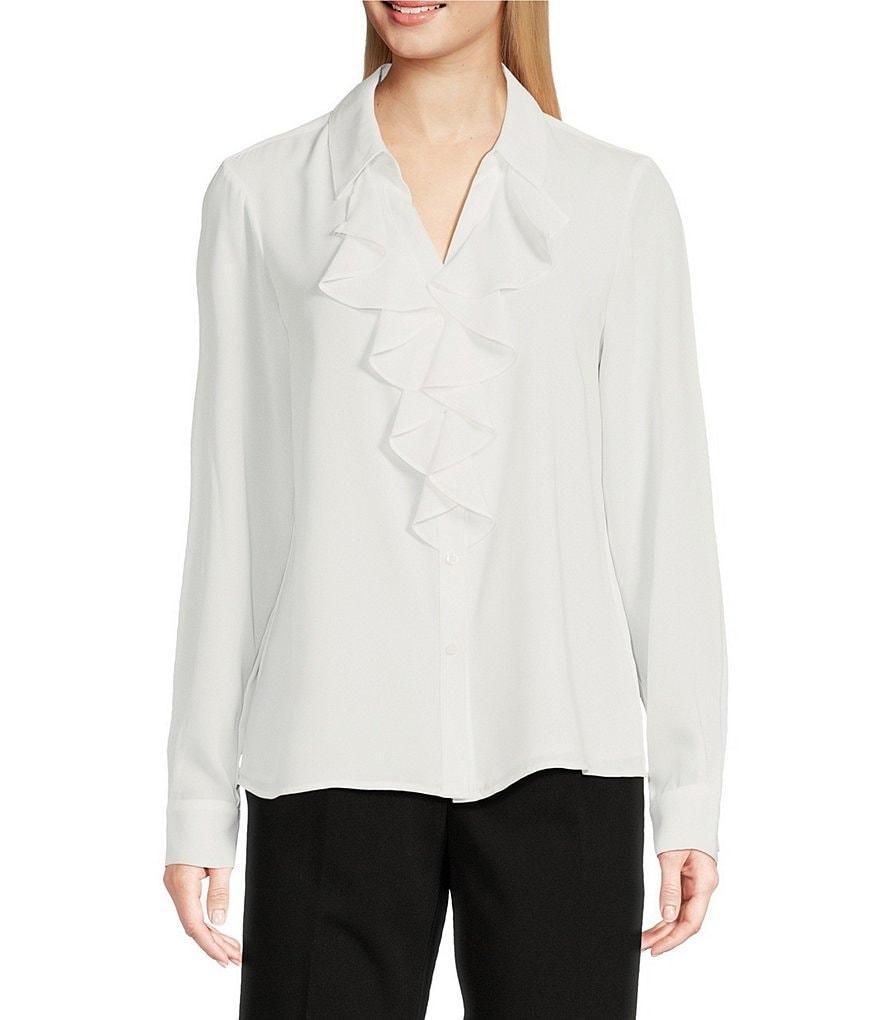 Calvin Klein Collared Ruffle Front Long Sleeve Top Product Image