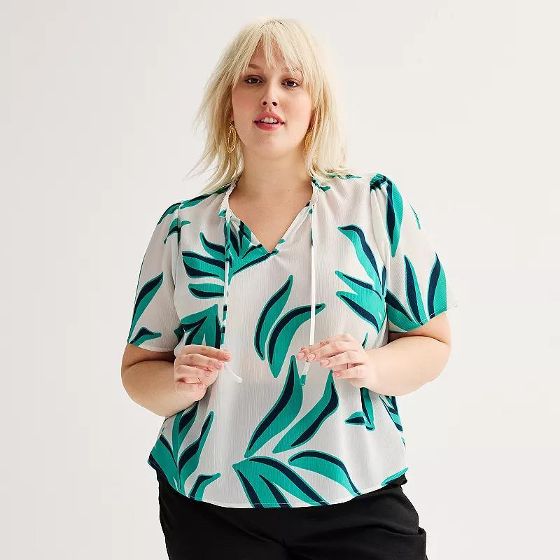 Plus Size Nine West Short Sleeve Front Tie Top, Womens Blue Tropics Product Image