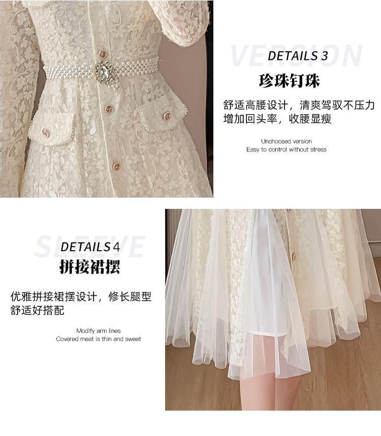 Long Sleeve V-Neck Lace Buttoned Midi A-Line Dress Product Image