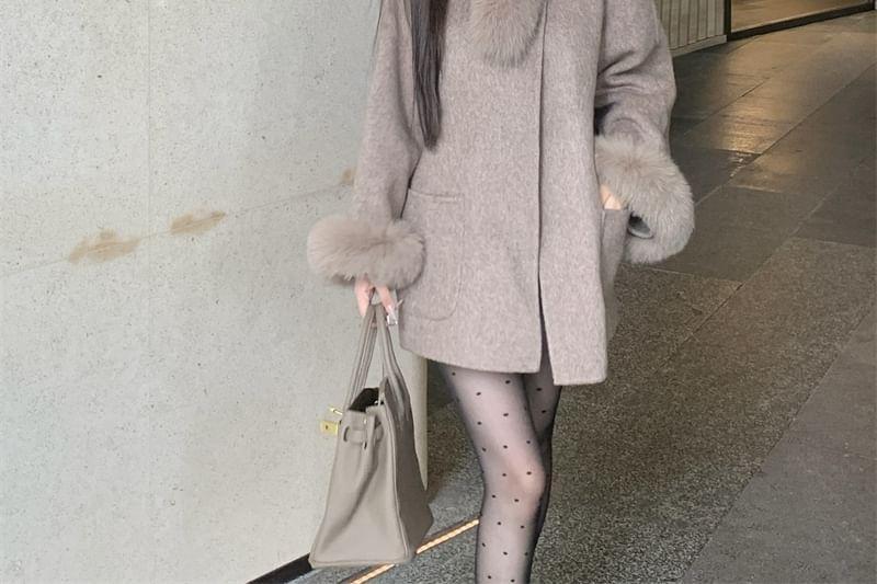 Oversized Detachable Furry-Trim Wool Jacket Product Image