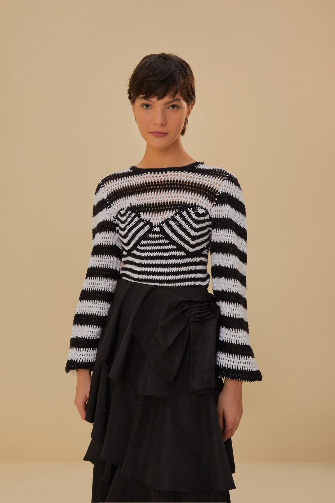 Black and White Stripes Crochet Blouse, BLACK AND WHITE / XXS Product Image