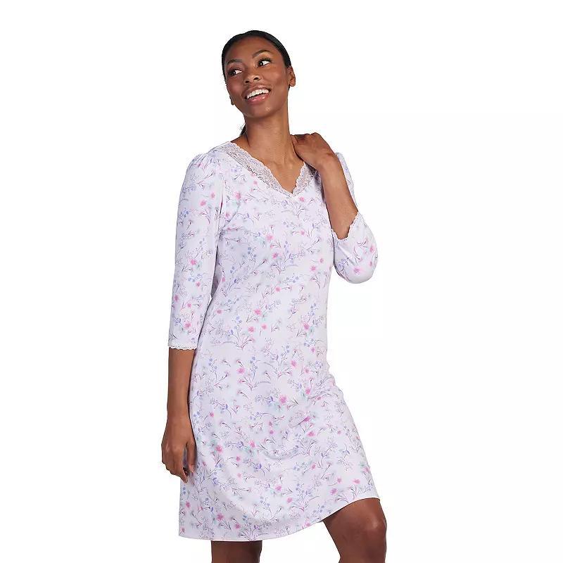 Womens Miss Elaine Essentials Micro Velvet Lace Neck Short Sleep Gown Pink Purple Print Product Image