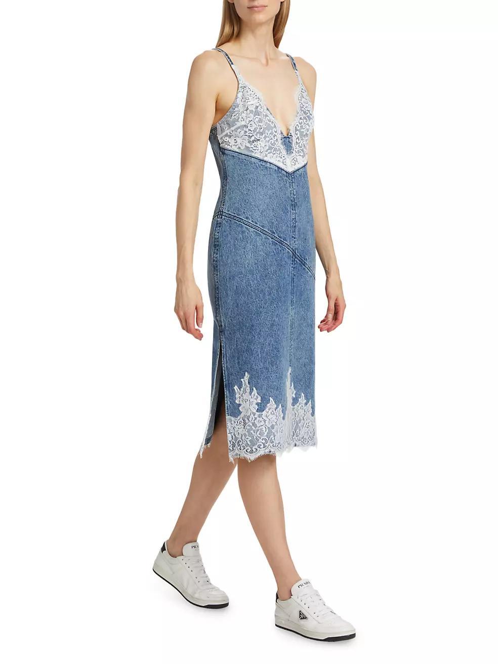 Lace-Embellished Denim Midi-Dress Product Image