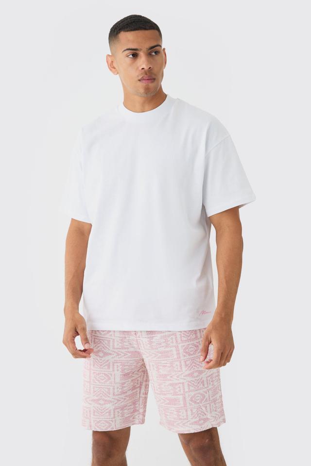 Mens Pink Man Oversized Extended Neck T-shirt And Jacquard Shorts Set, Pink Product Image