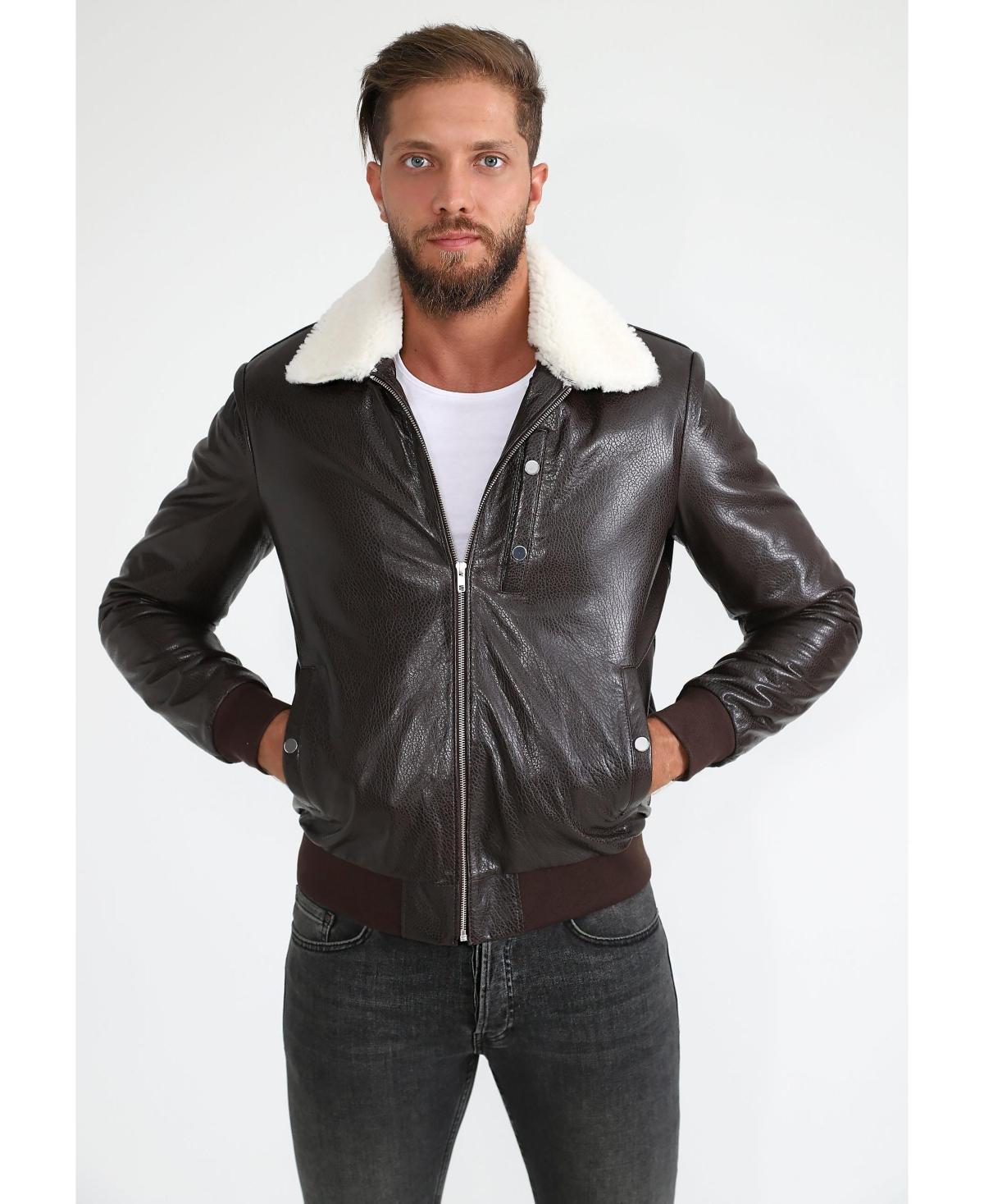 Furniq Uk Mens Genuine Leather Bomber Jacket with Shearling Lining Nappa and White Curly Wool - Brown Product Image