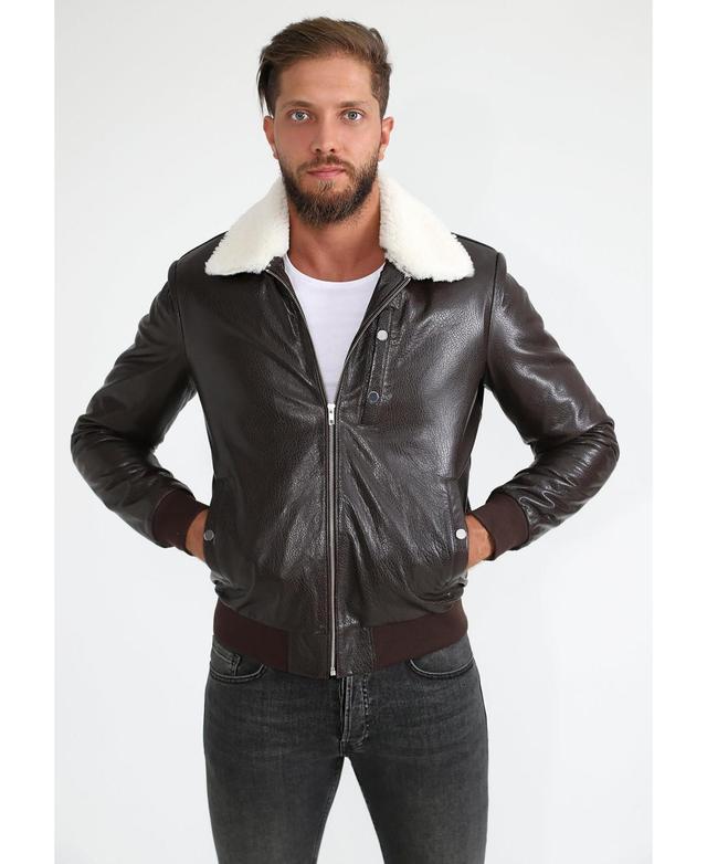 Mens Genuine Leather Bomber Jacket with Shearling Lining Nappa and White Curly Wool - Brown Product Image