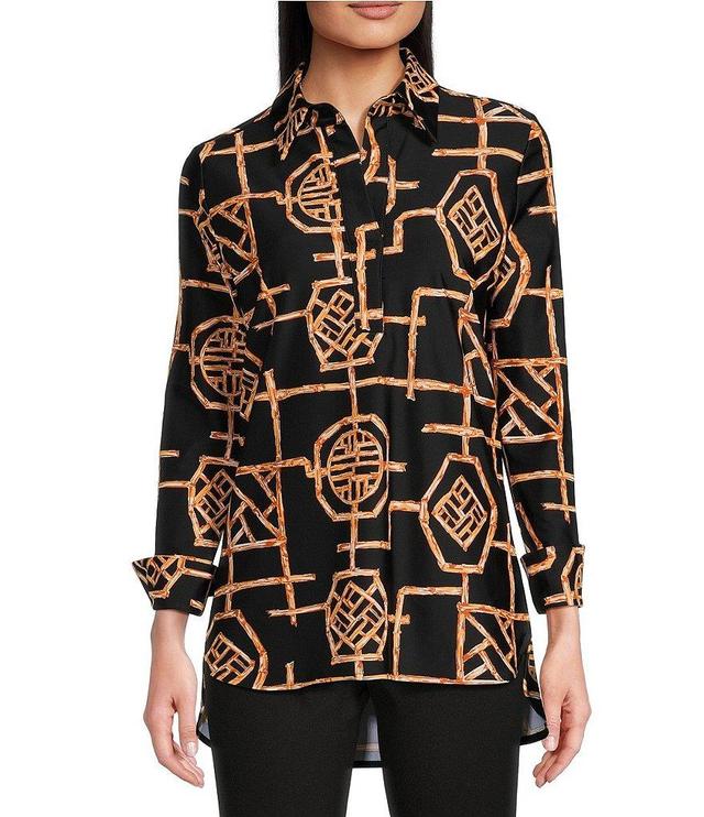 Jude Connally Hadley Bamboo Lattice Print Jude Cloth Knit Point Collar Long Split Roll Cuff Sleeve Coordinating Tunic Product Image