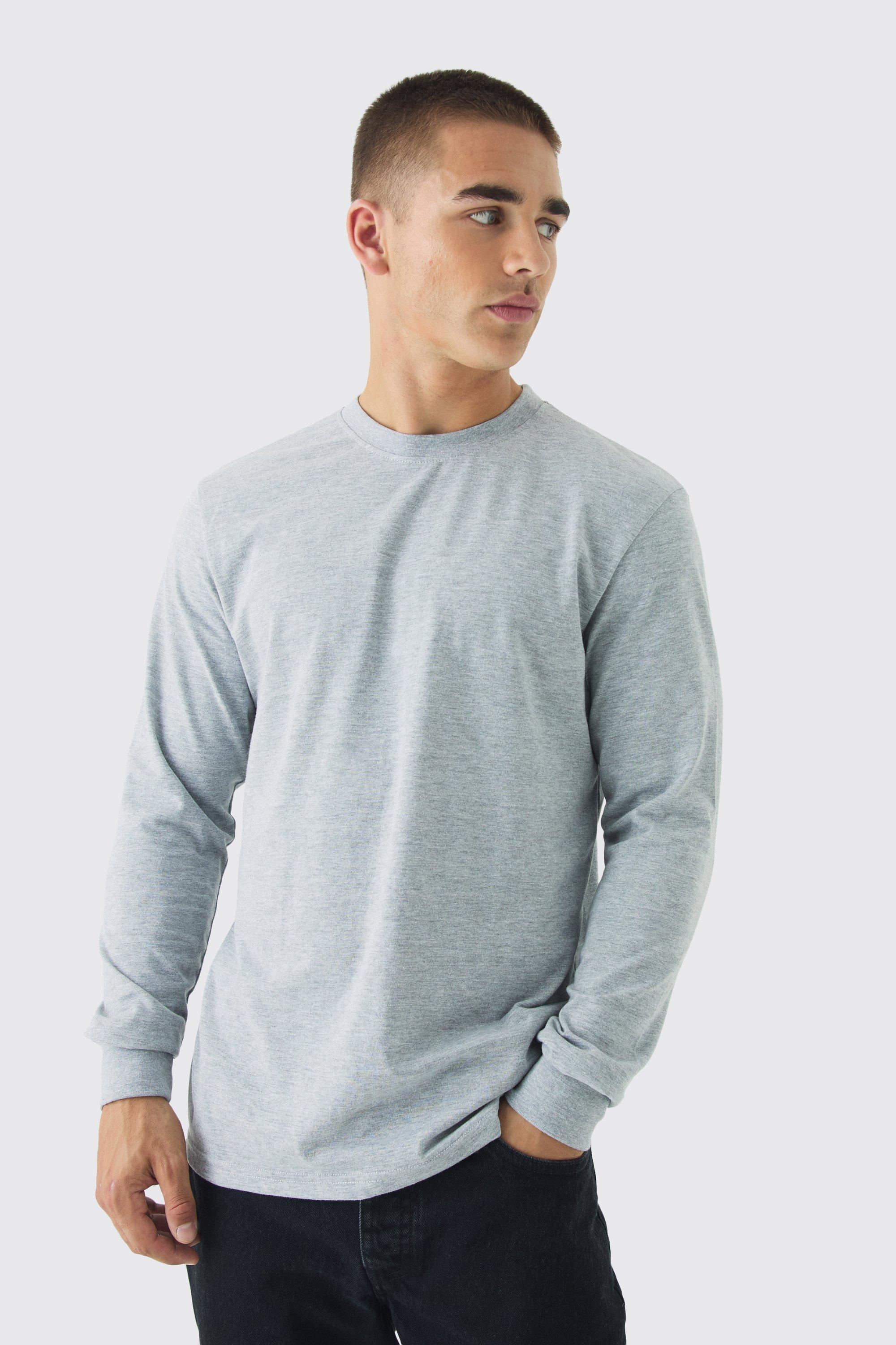 Mens Grey Basic Crew Neck Long Sleeve T-shirt, Grey Product Image