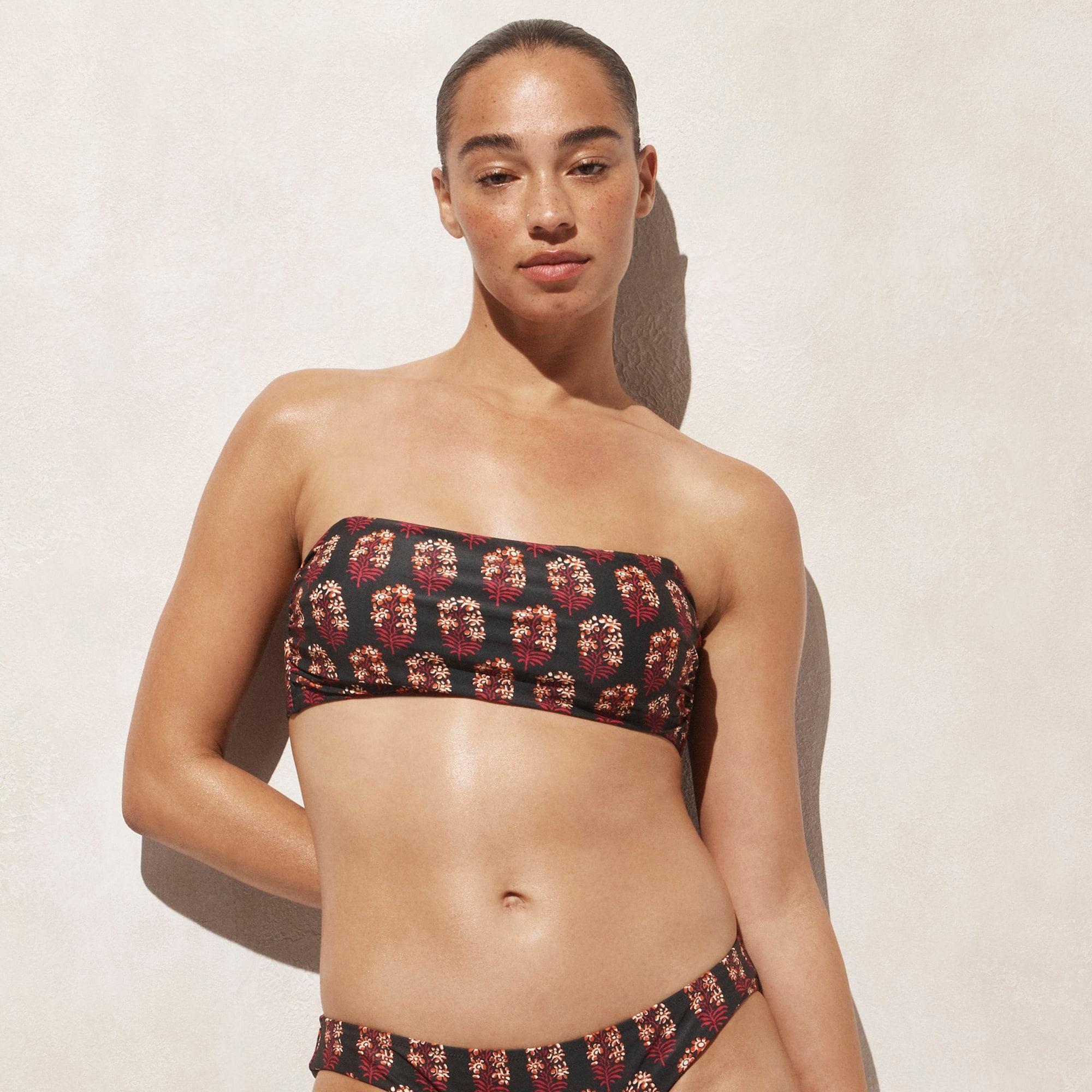 Ruched bandeau bikini top in cocoa blockprint Product Image