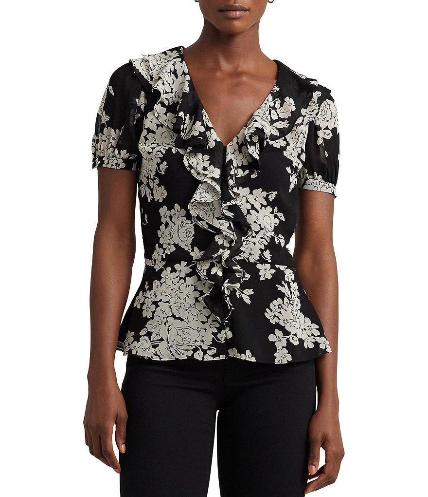 Lauren Ralph Lauren Genaro Peplum Puffed Short Sleeve Ruffle V-Neck Blouse product image