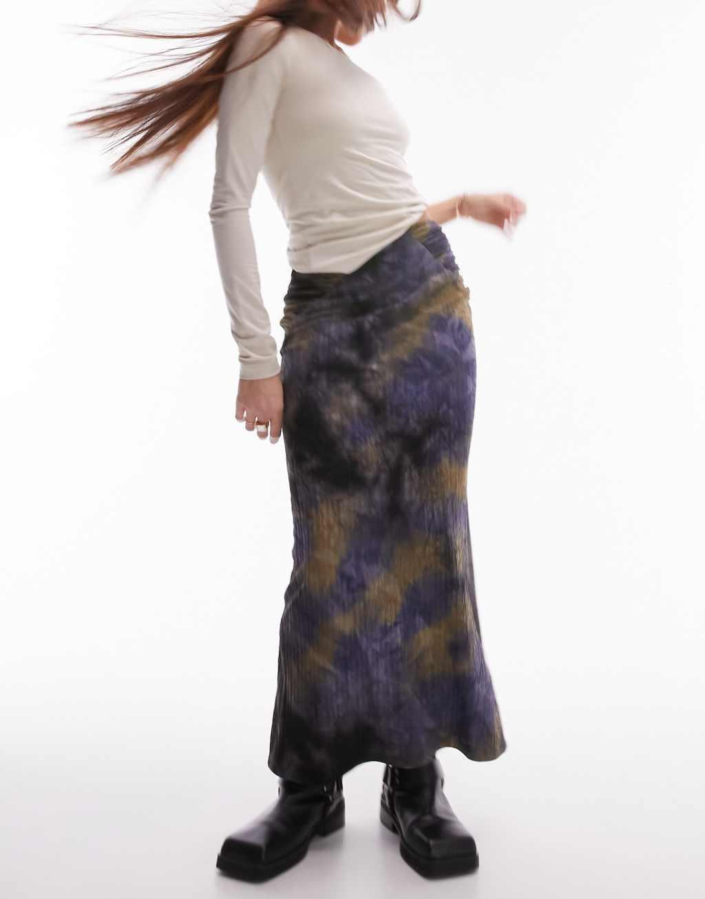 Topshop midi skirt in jersey textured with split front in blurred print Product Image