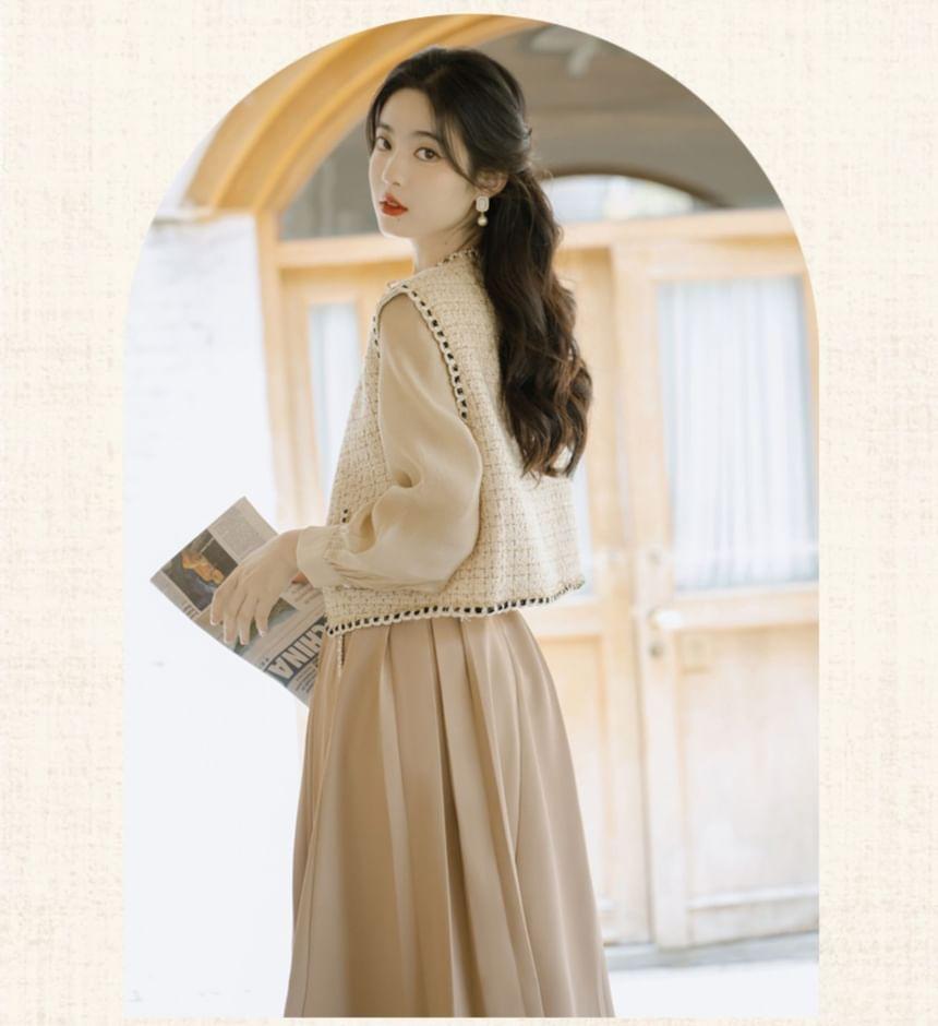 V-Neck Tweed Button Vest / Long-Sleeve Crew Neck Plain Ruffle Trim Blouse / Mid Rise Midi A-Line Skirt / Set Product Image