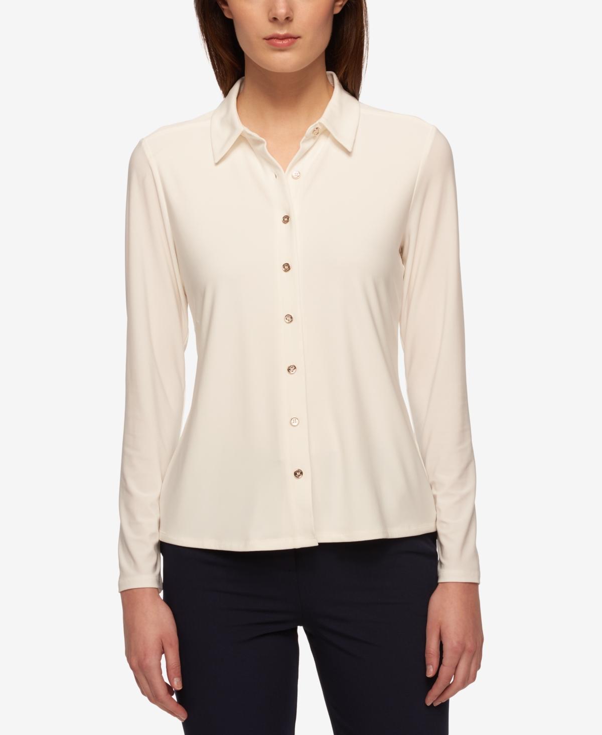 Tommy Hilfiger Long Sleeve Collard Button-Down Blouse (Ivory) Women's Clothing Product Image