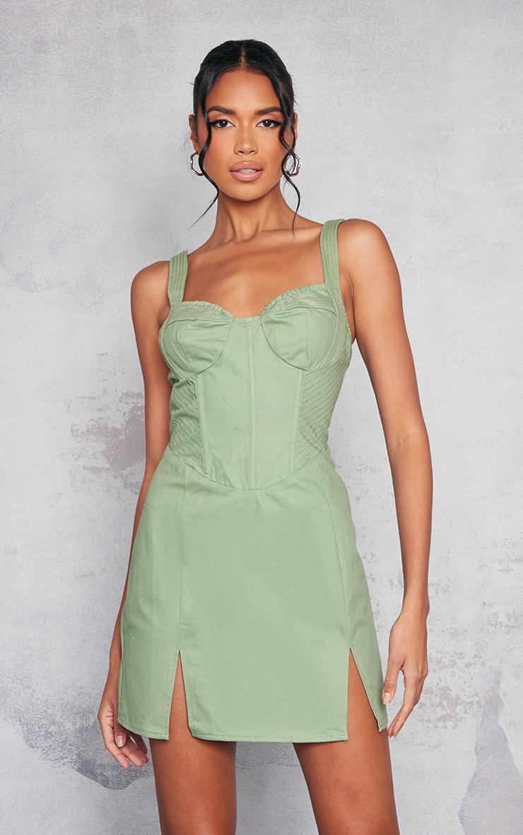 Sage Green Cargo Contrast Stitch Corset Detail Bodycon Dress product image