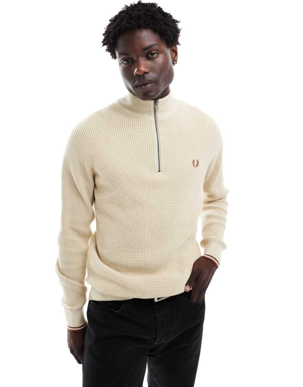 Fred Perry waffle stitch knit half zip sweater in light beige Product Image