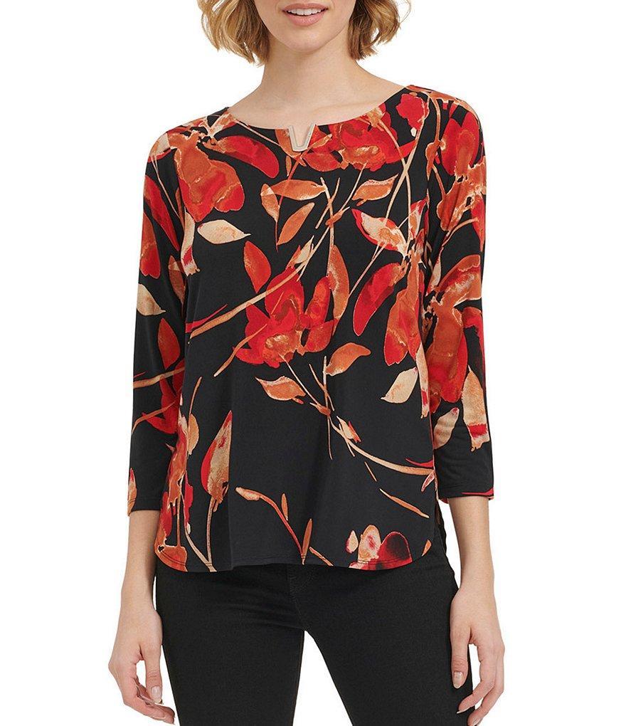 Calvin Klein Stretch Printed Split V Neckline 3/4 Sleeve Blouse Product Image