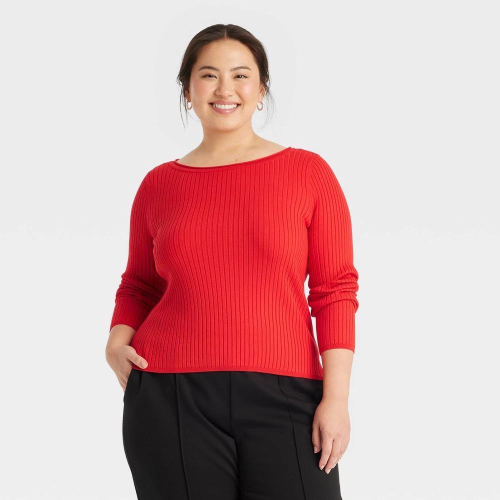 Womens Fine Gauge Ribbed Boat Neck Pullover Sweater - A New Day Red 3X product image