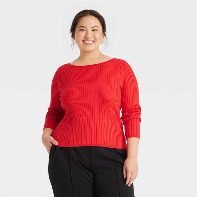 Womens Fine Gauge Ribbed Boat Neck Pullover Sweater - A New Day Red 1X Product Image