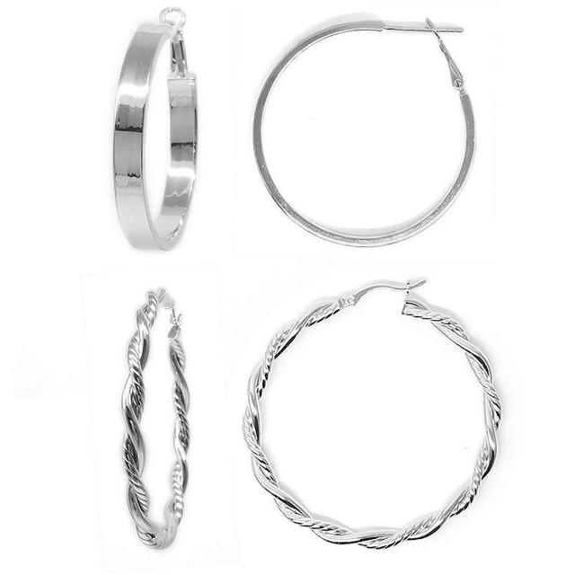 Sterling Silver Square Tube & Twisted Hoop Earring Set, Womens, Multicolor Product Image