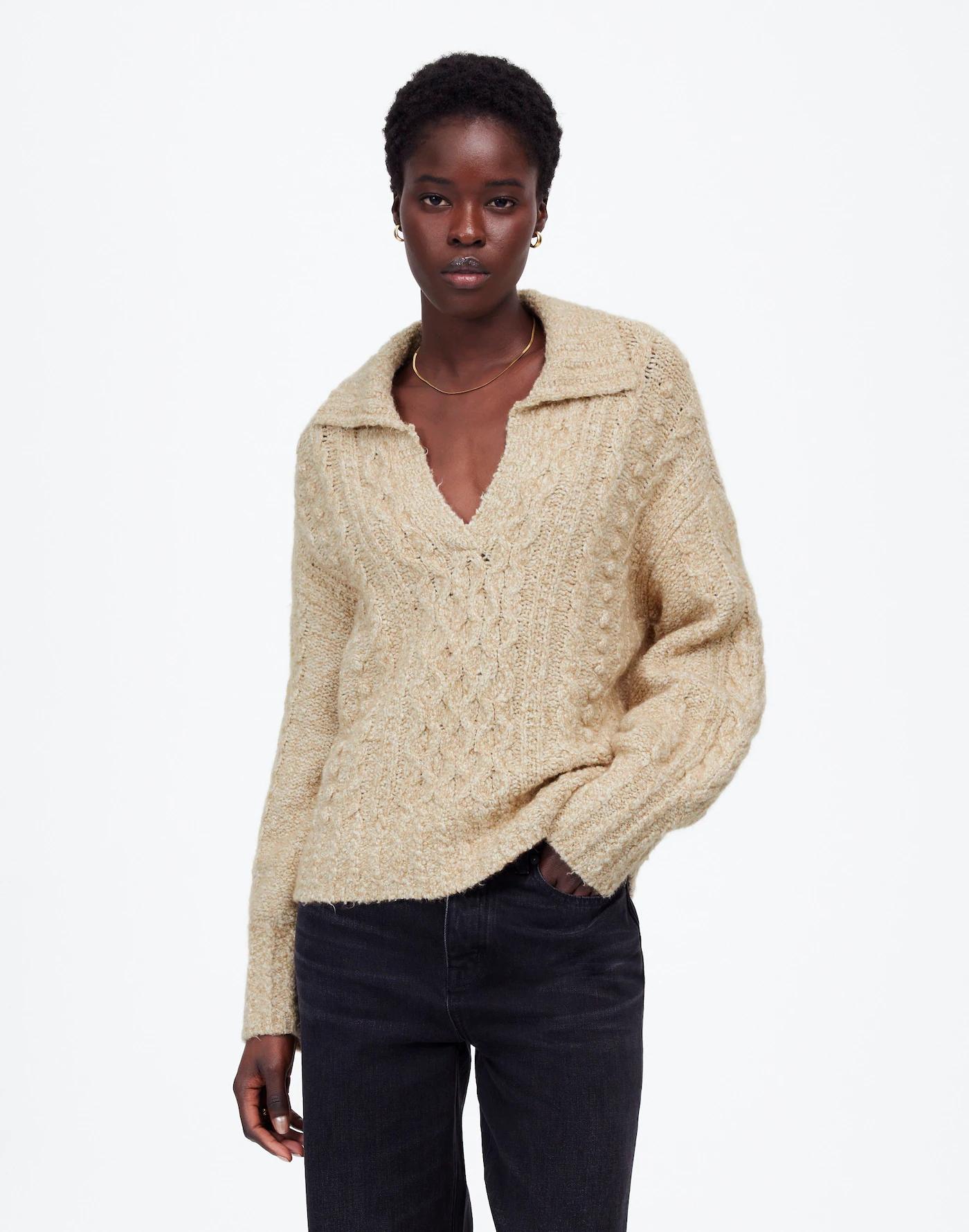 Cotton-Merino Wool Blend Cable-Knit Sweater Product Image