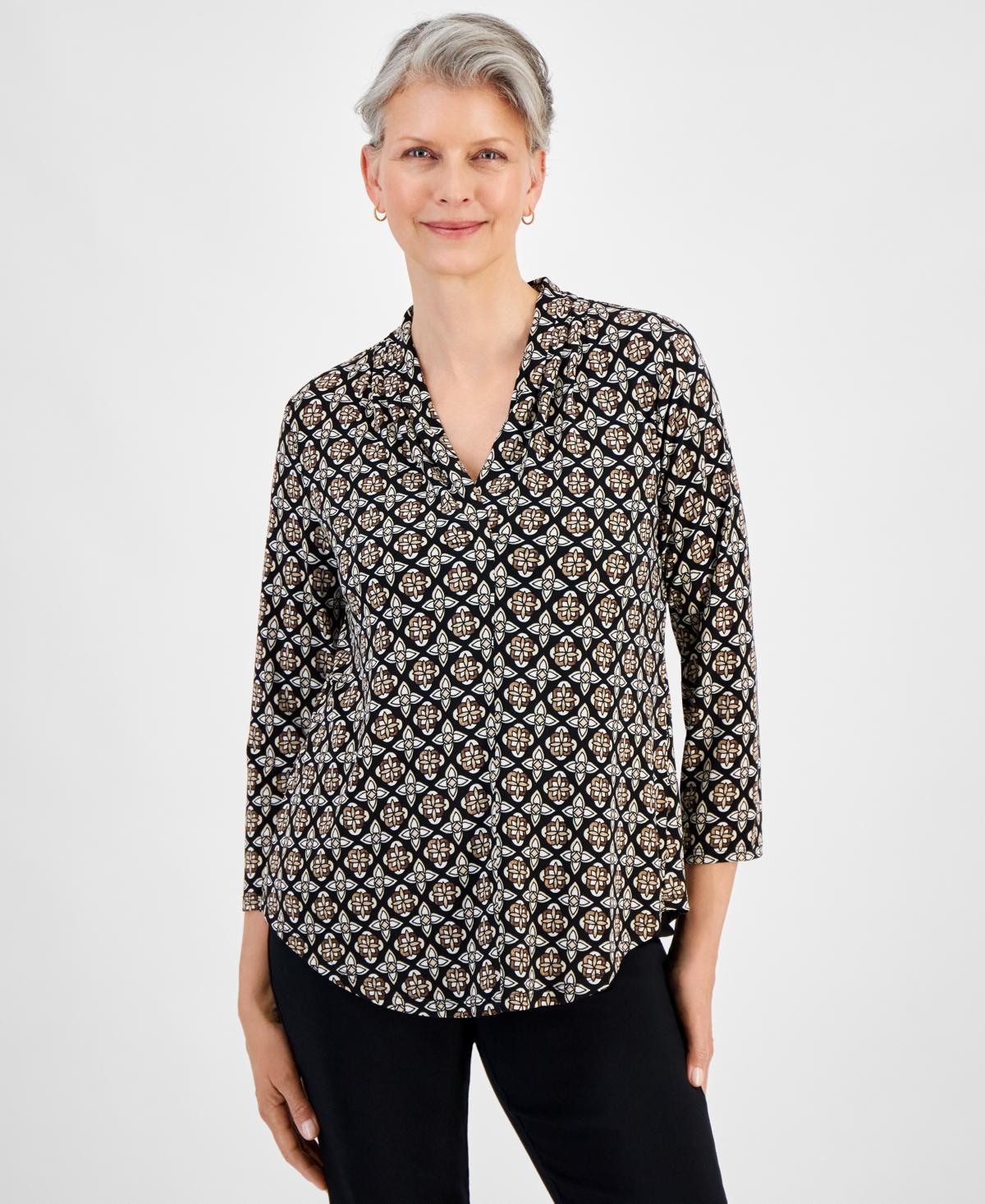 Jm Collection Womens Printed 3/4 Sleeve Pleated-Neck Top, Created for Macys Product Image