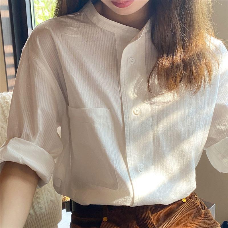 Long-Sleeve Stand Collar Plain Button-Up Blouse Product Image