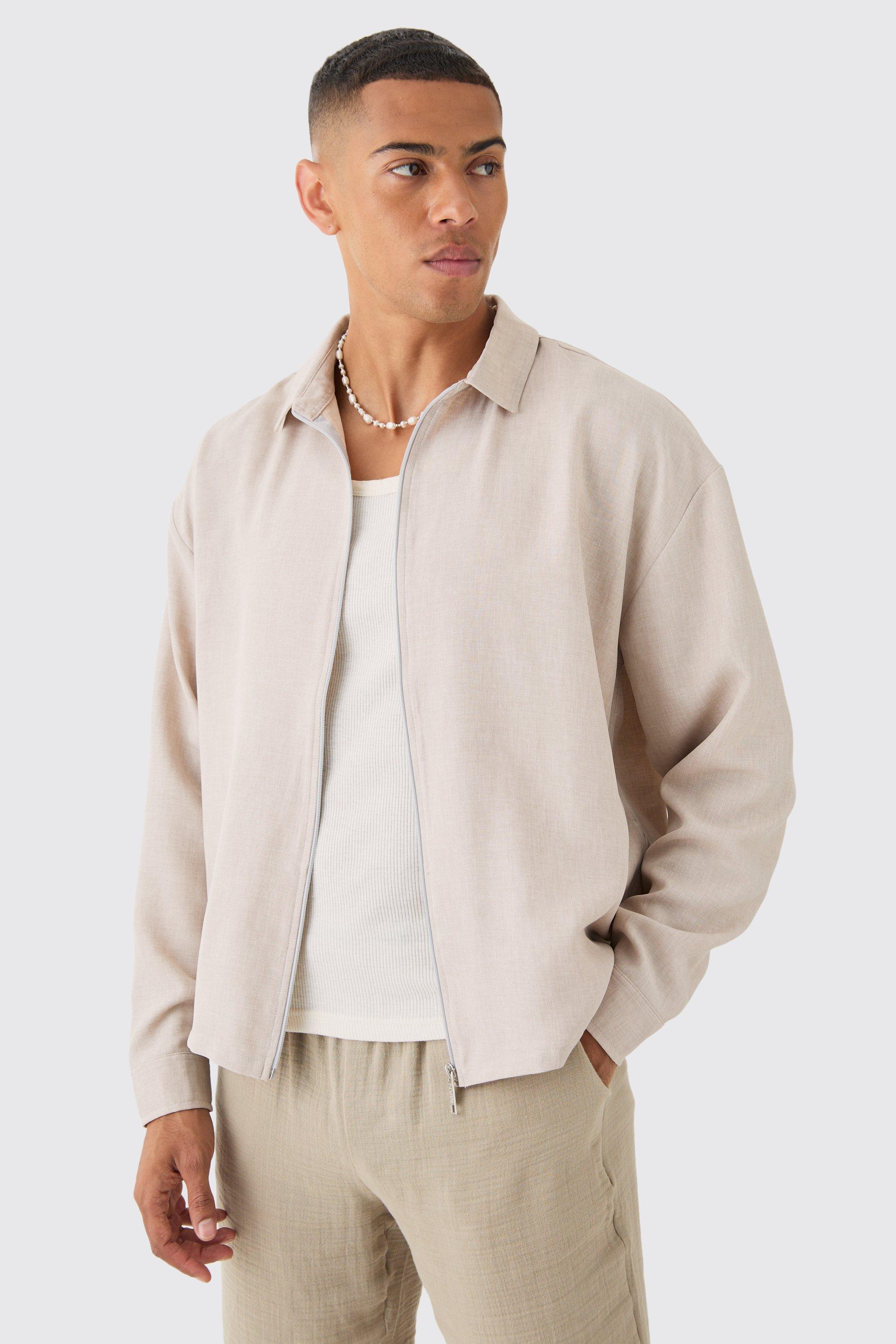 Linen Zip Through Overshirt | boohooMAN USA product image