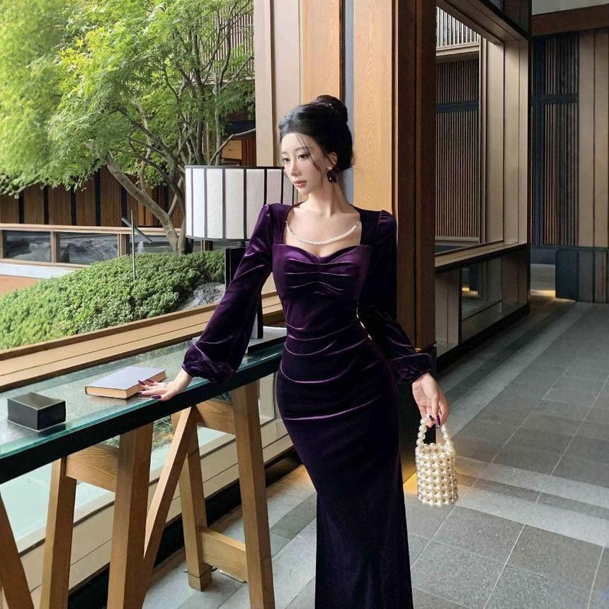 Long Sleeve V-Neck Plain Velvet Ruched Maxi Bodycon Dress Product Image