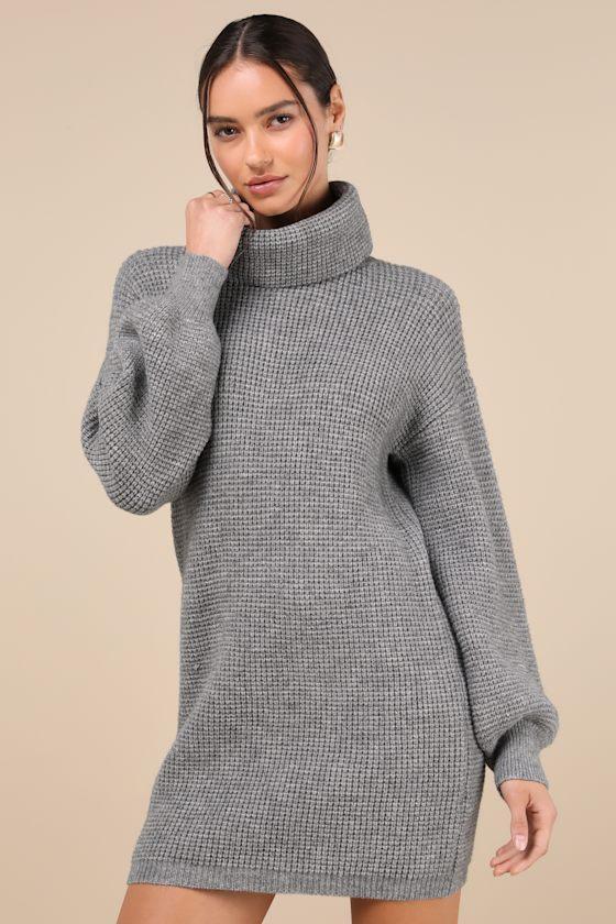 Casual Coziness Grey Waffle Knit Cowl Neck Sweater Dress Product Image