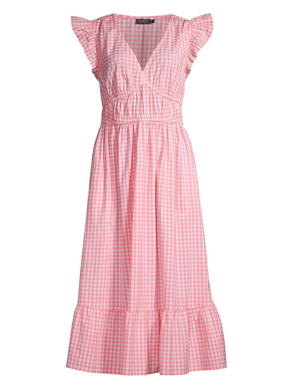 Vineyard Vines Poplin Flutter Midi Dress (Gingham- Cayman/White) Women's Dress Product Image